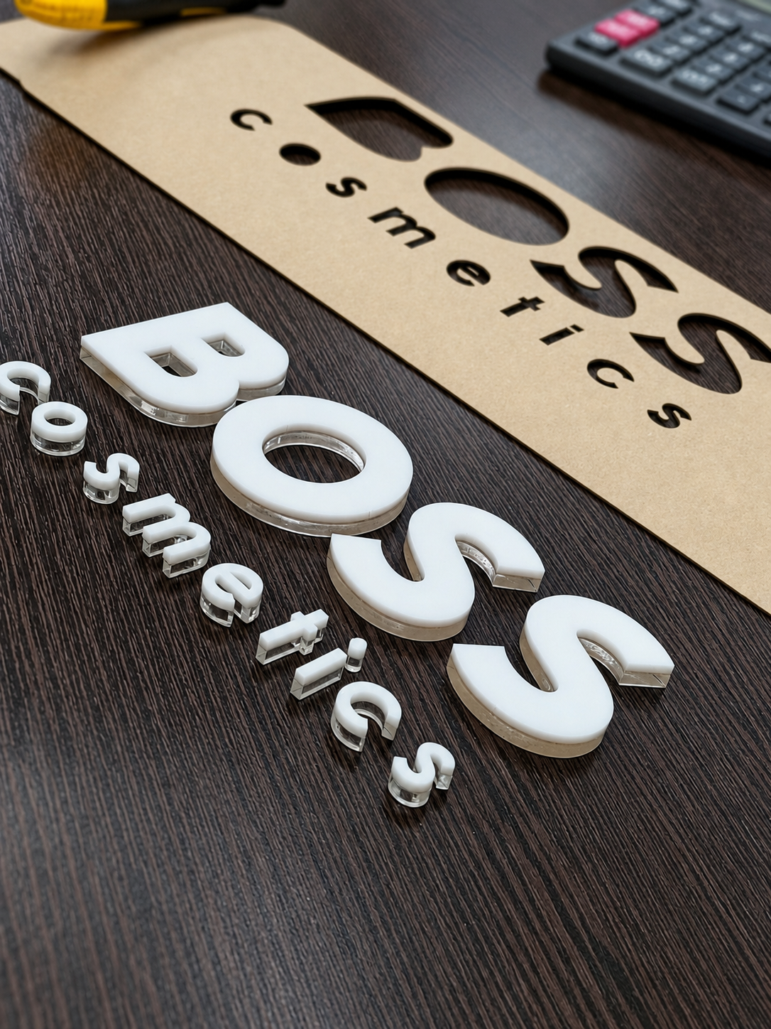 Об'ємні білі акрилові літери з логотипом Boss Cosmetics та трафарет від Столиця-Неон.